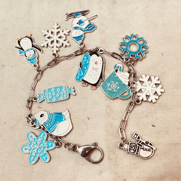 Hand Crafted Jewelry - Handcrafted Winter Enamel Charms Bracelet Small Stainless Steel Paperclip Chain
